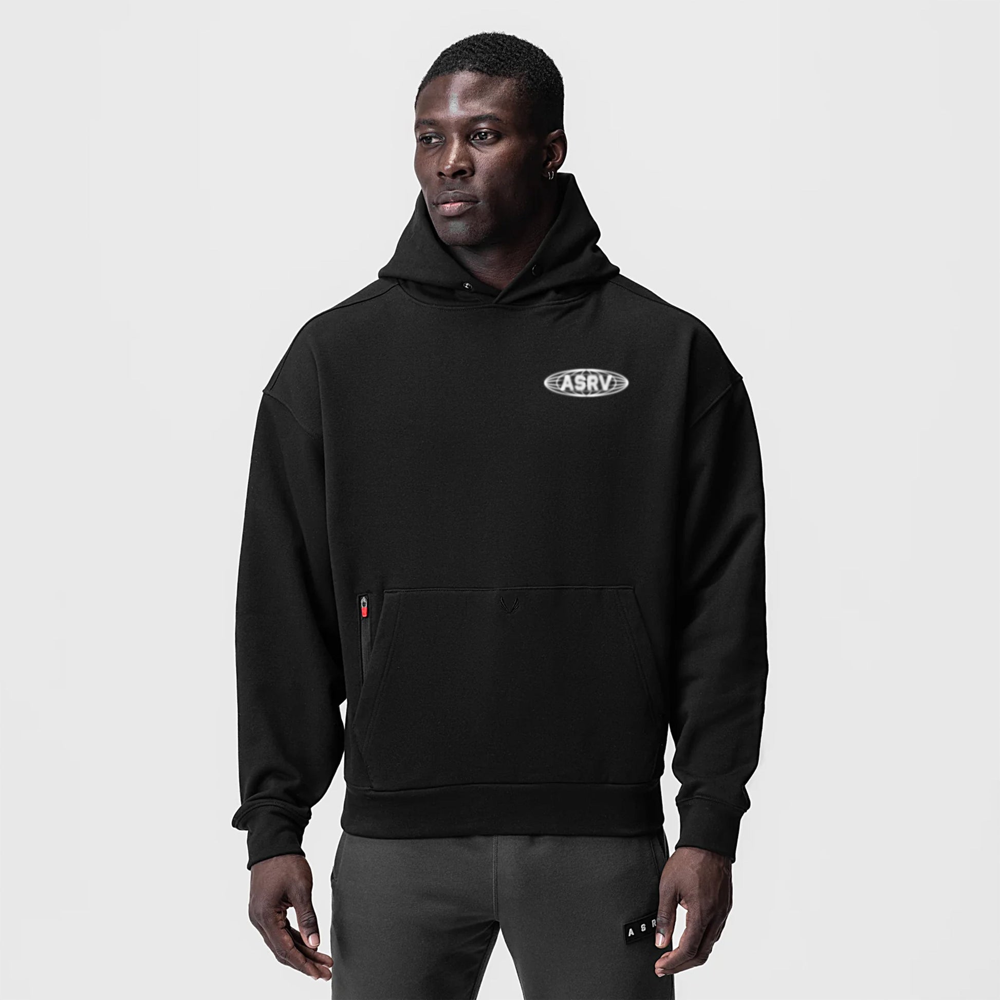 0874. Tech-Terry™ Zip Pocket Hoodie Black "Global Reach" | ASRV for sale