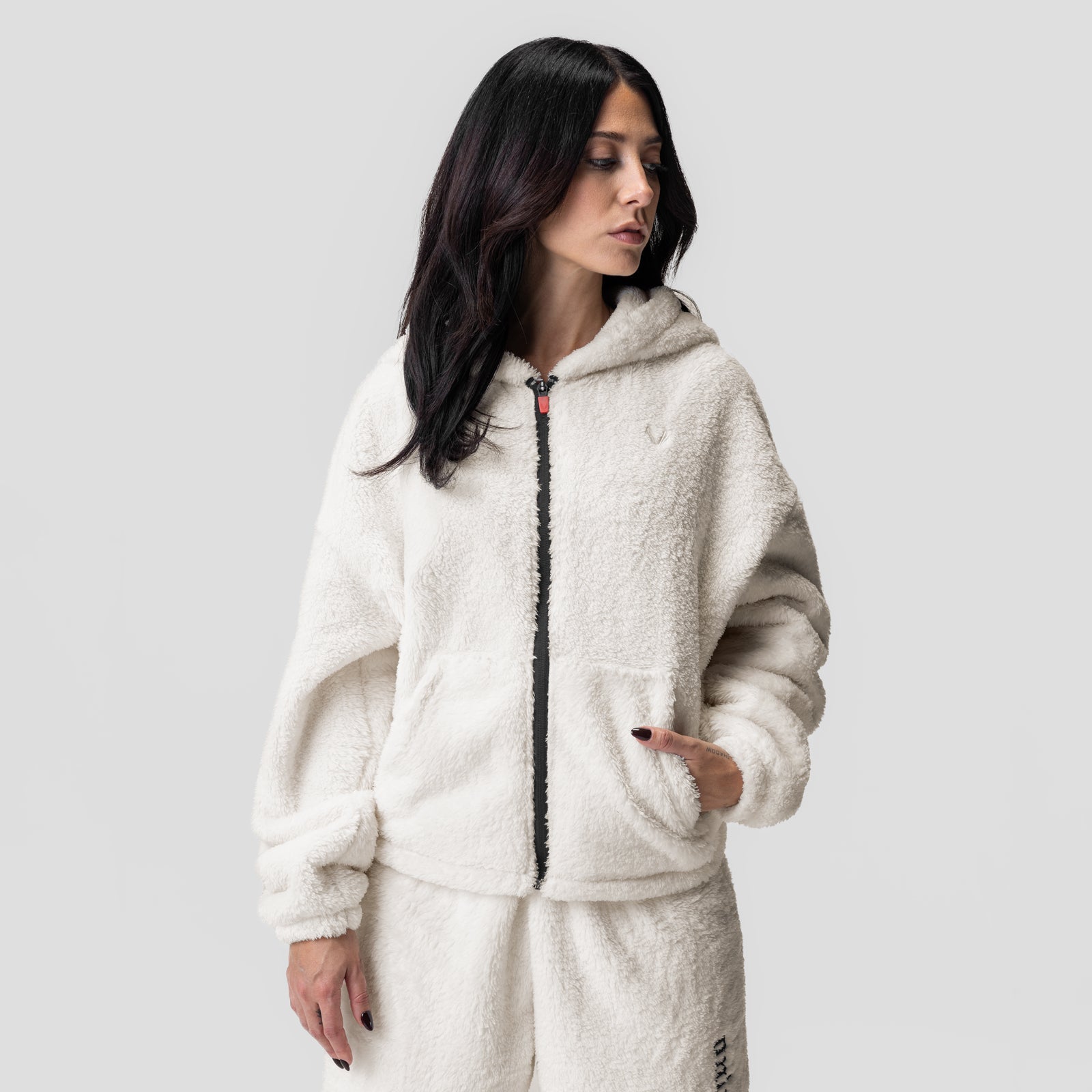 1005. Women's Sherpa Recovery Full Zip Hoodie Ivory Cream/Black | ASRV US