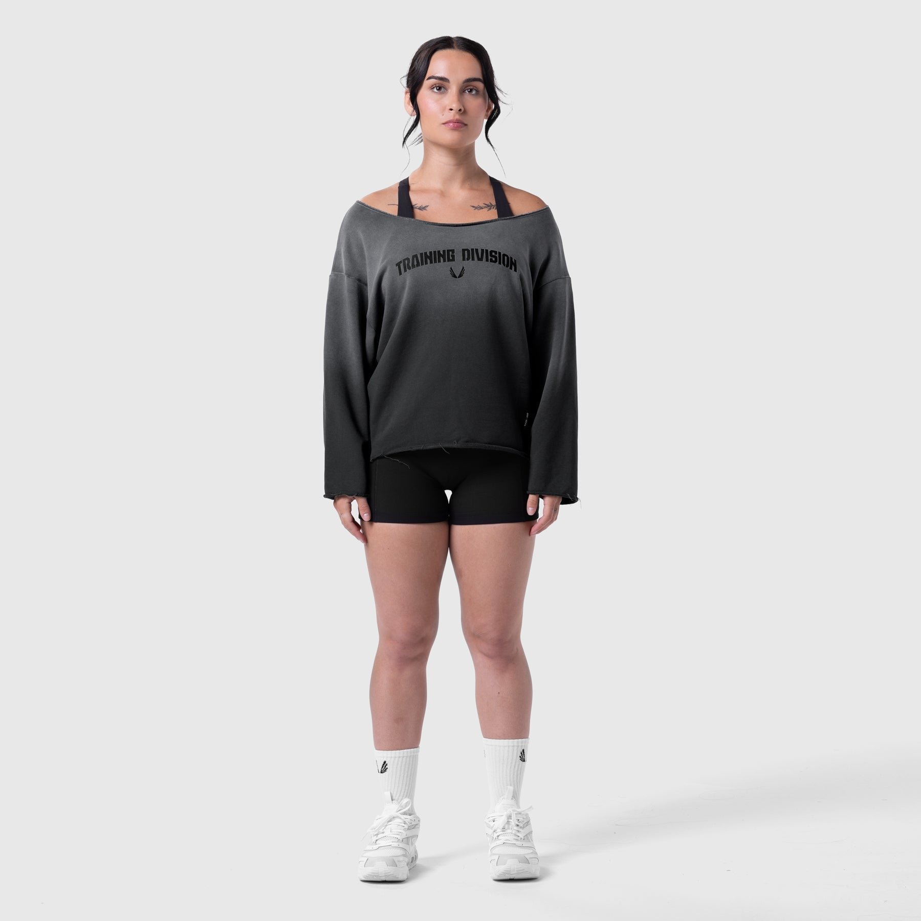 W049. Raw Hem Oversized Crewneck Black Sun Fade | ASRV Discount