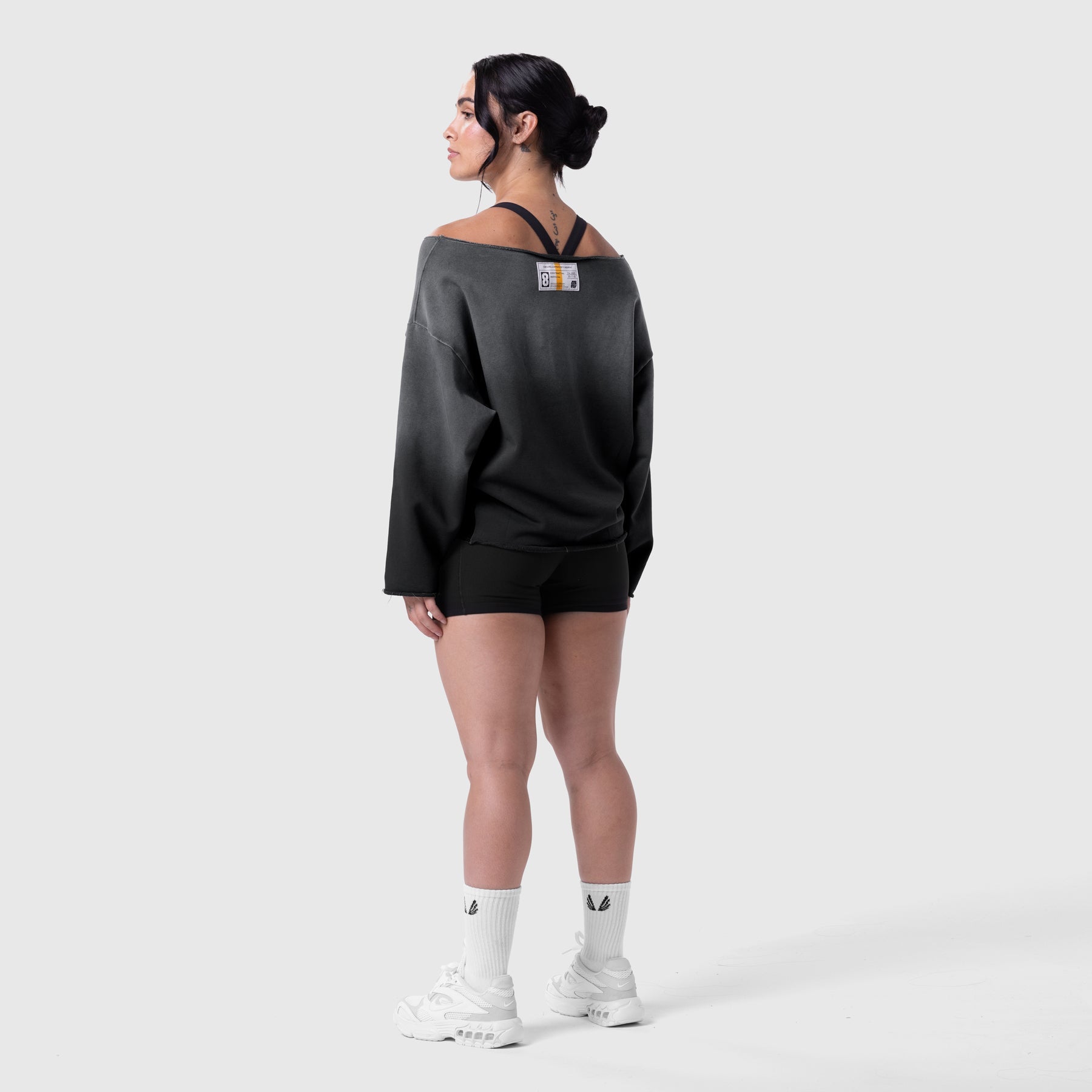 W049. Raw Hem Oversized Crewneck Black Sun Fade | ASRV Discount