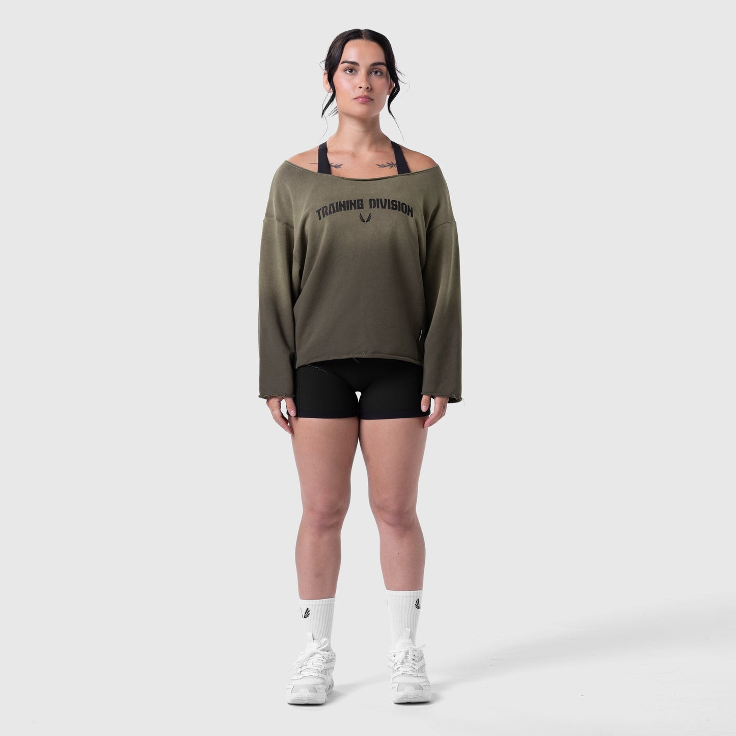 W049. Raw Hem Oversized Crewneck Olive Sun Fade | ASRV for sale