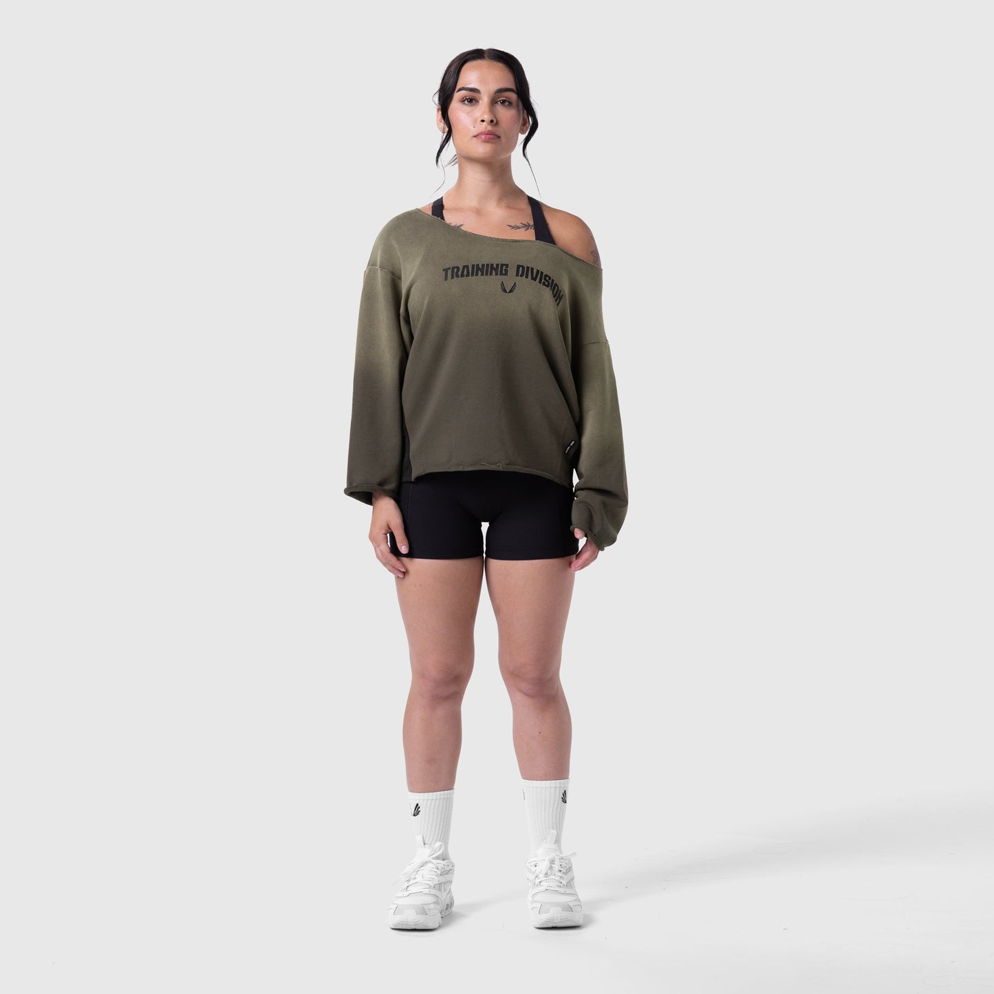 W049. Raw Hem Oversized Crewneck Olive Sun Fade | ASRV for sale