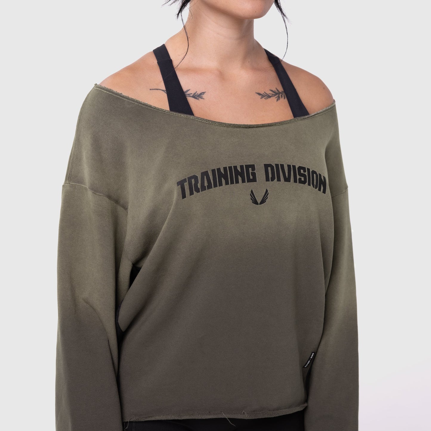 W049. Raw Hem Oversized Crewneck Olive Sun Fade | ASRV for sale