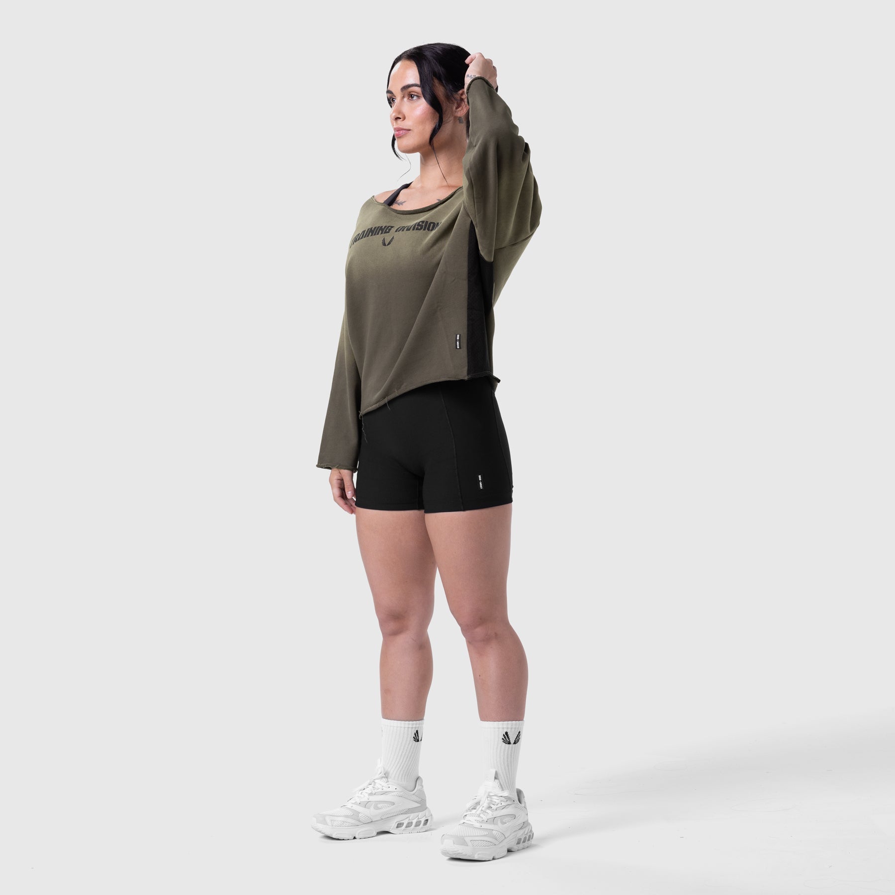 W049. Raw Hem Oversized Crewneck Olive Sun Fade | ASRV for sale