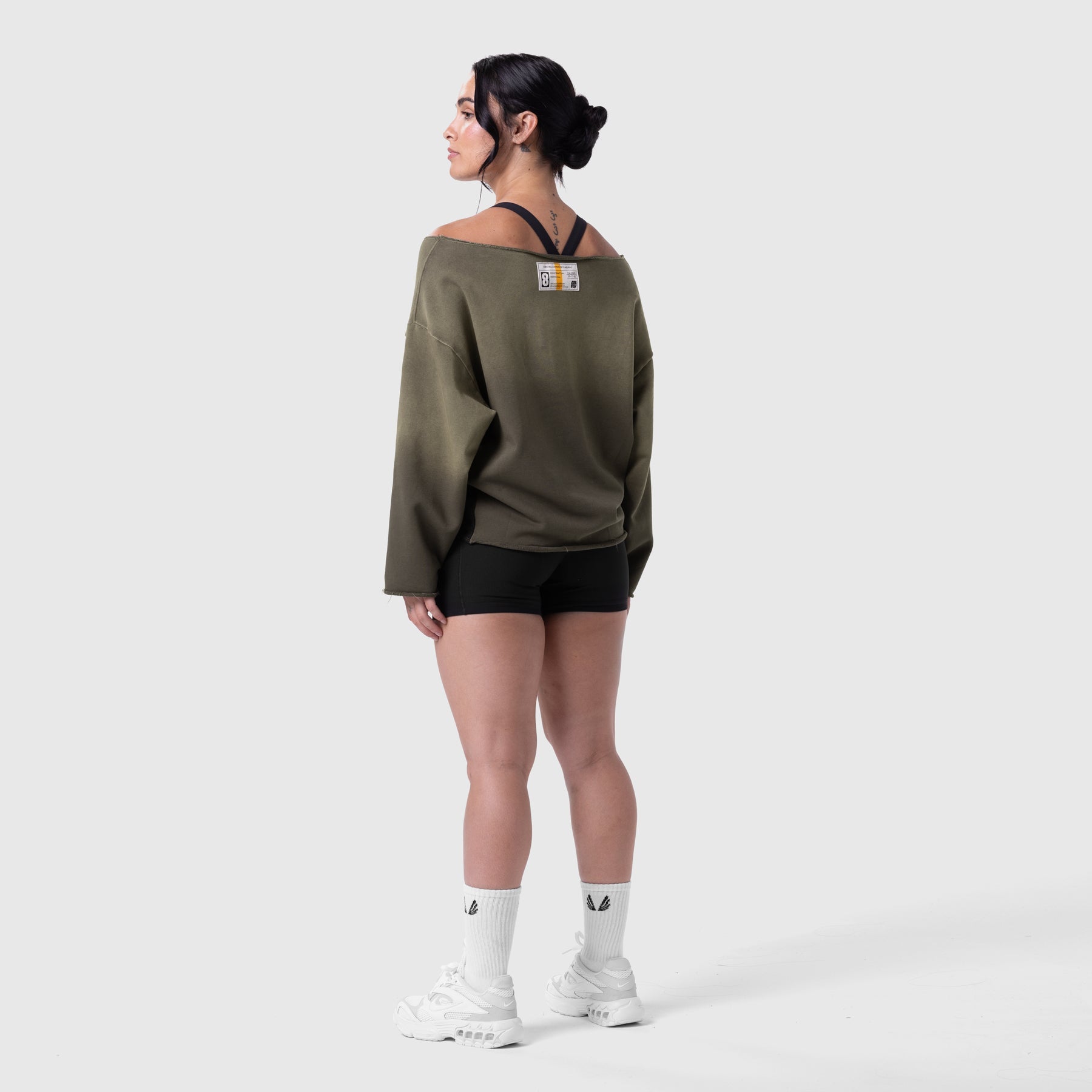 W049. Raw Hem Oversized Crewneck Olive Sun Fade | ASRV for sale