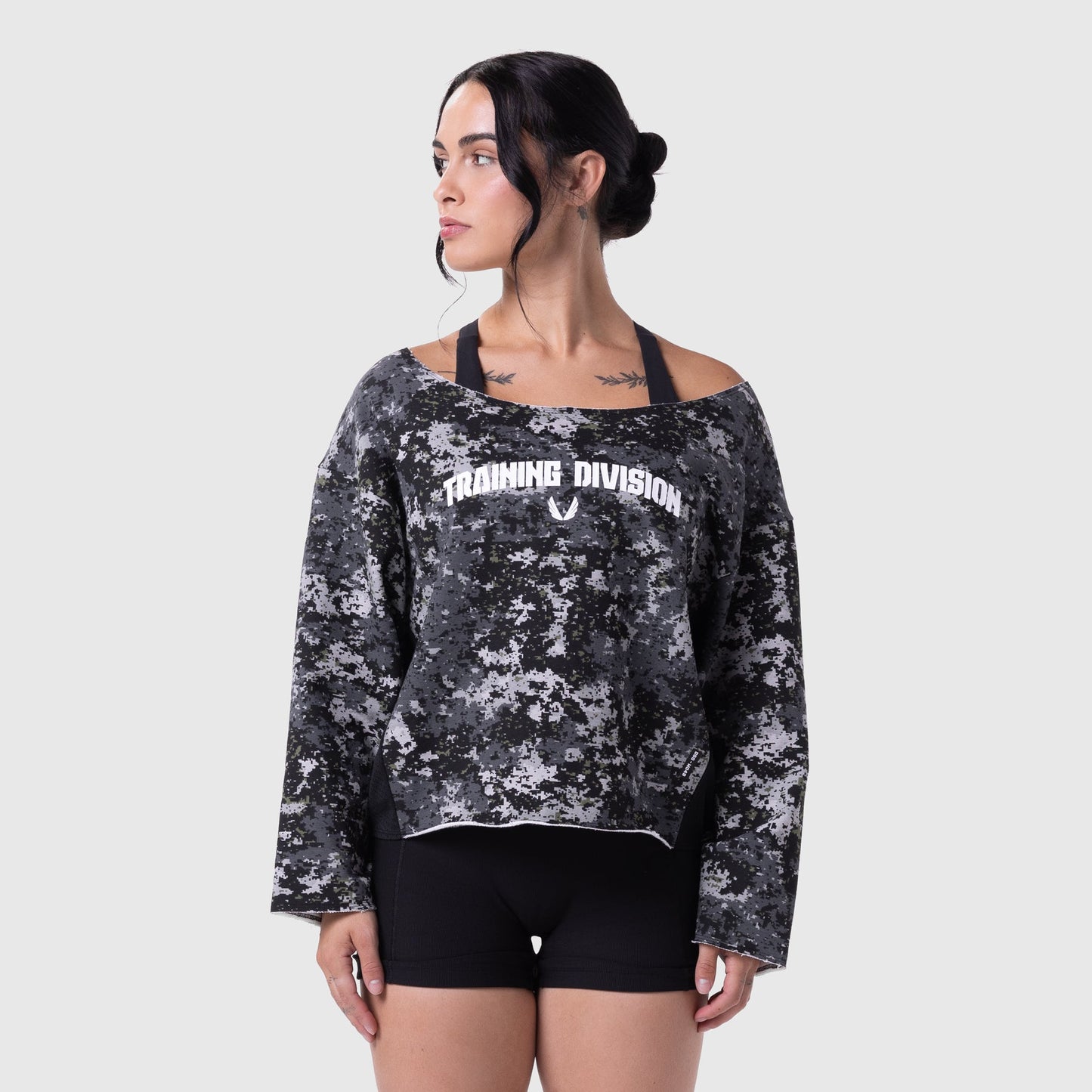 W049. Raw Hem Oversized Crewneck Pixel Camo | ASRV discount