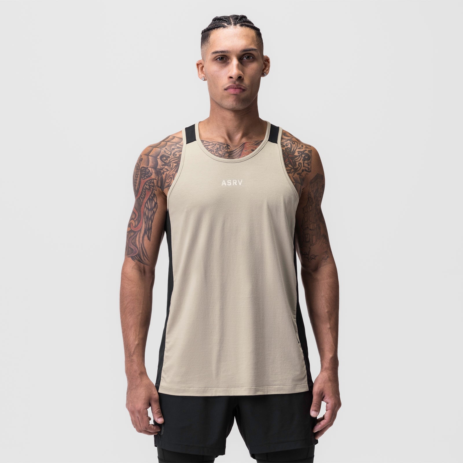 0809. Supima® Mesh Panel Training Singlet - Sand Smoke | ASRV US