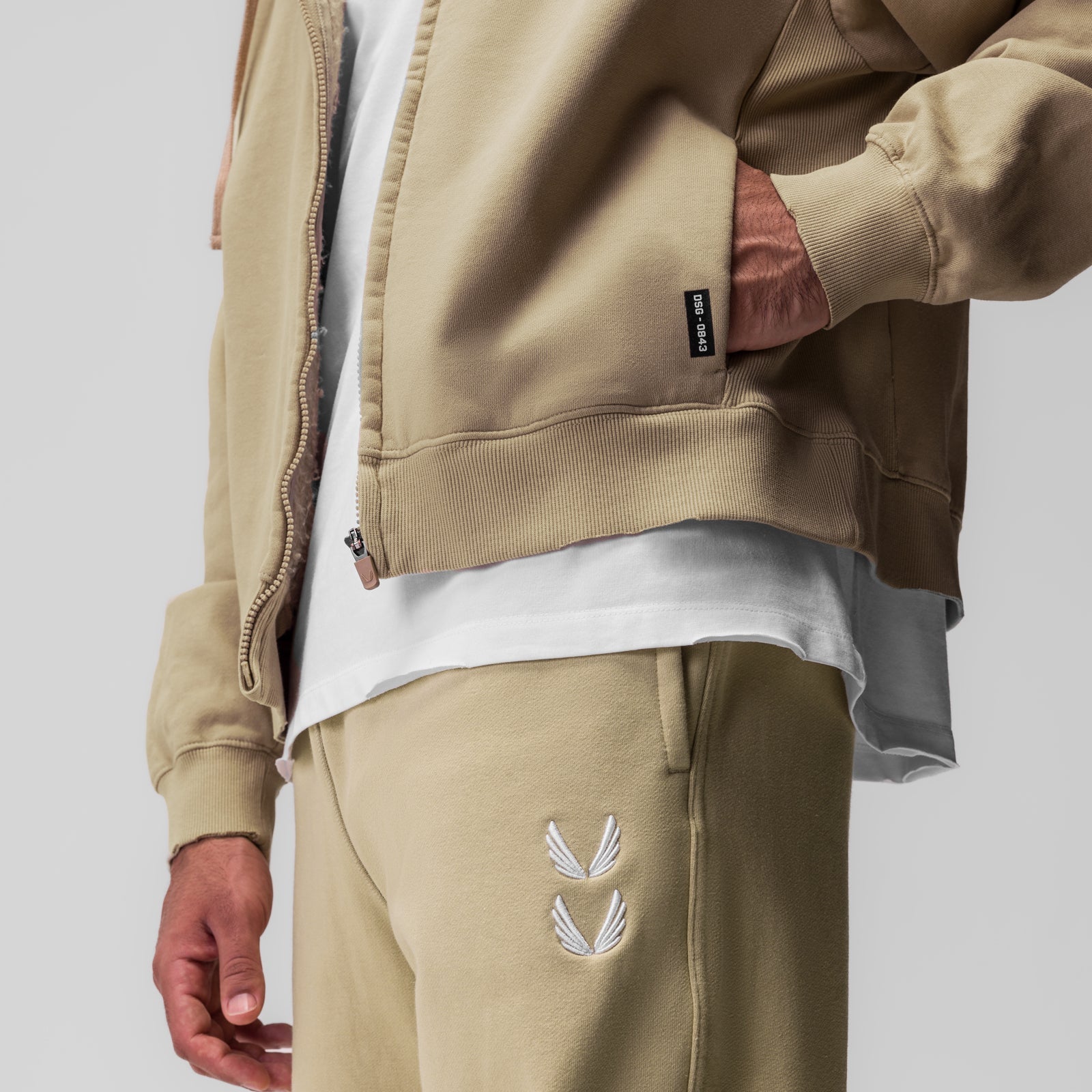 0843. Tech Essential™ Distressed Full Zip Hoodie Khaki | ASRV Discount
