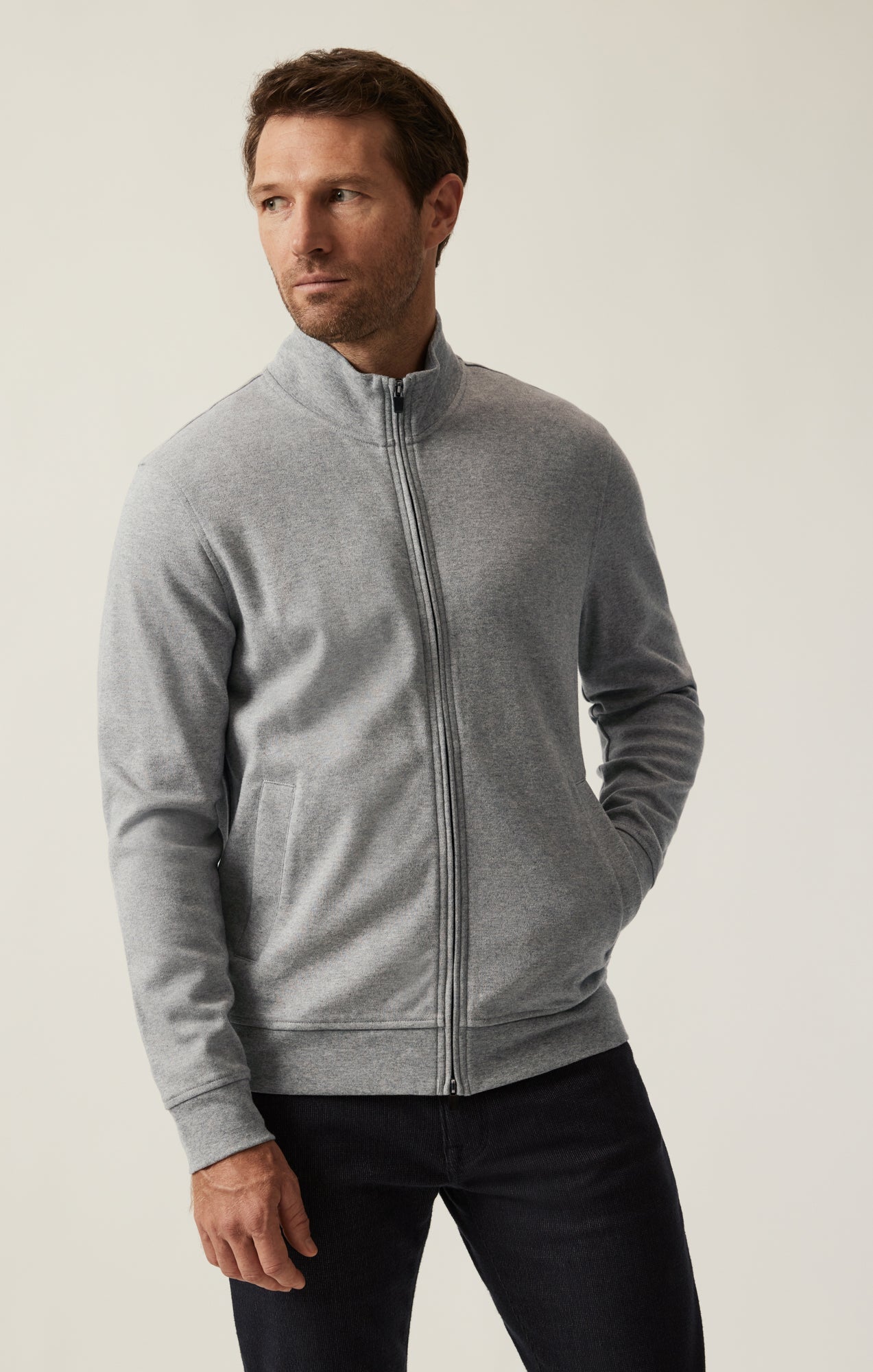 34 Heritage High Neck Zip-Up Sweatshirt In Grey Melange